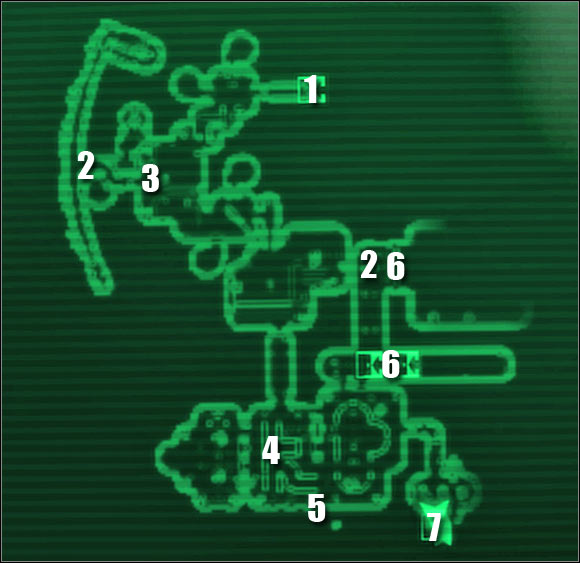 Map legend: 1 - passageway to: Observation Deck - Main quests - QUEST 3: This Galaxy Aint Big Enough... - part 1 - Main quests - Fallout 3: Mothership Zeta - Game Guide and Walkthrough