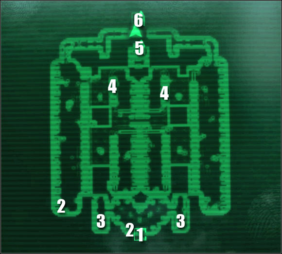 Map legend: 1 - passageway to: Cryo Lab - Main quests - QUEST 2: Among The Stars: Primary locations - part 2 - Main quests - Fallout 3: Mothership Zeta - Game Guide and Walkthrough