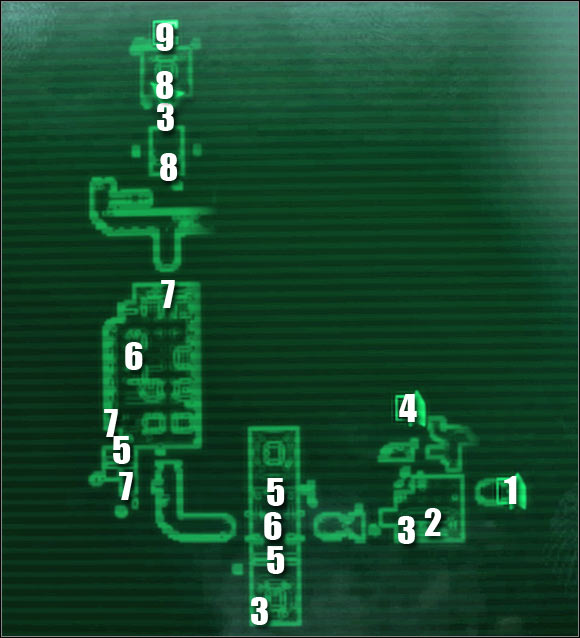 Map legend: 1 - passageway to: Engineering Core - Main quests - QUEST 2: Among The Stars: Primary locations - part 1 - Main quests - Fallout 3: Mothership Zeta - Game Guide and Walkthrough
