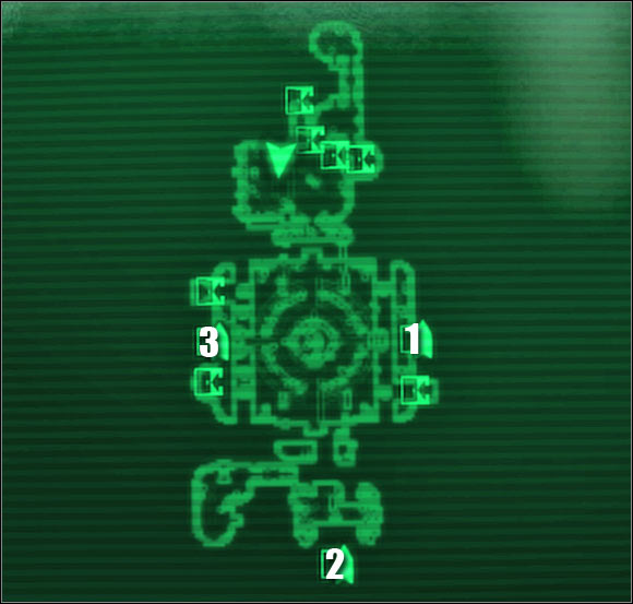 Map legend: 1 - passageway to: Hangar - Main quests - QUEST 2: Among The Stars: Primary locations - part 1 - Main quests - Fallout 3: Mothership Zeta - Game Guide and Walkthrough