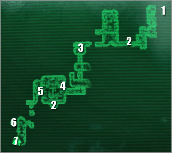 Map legend: 1 - passageway to: Maintenance Level - Main quests - QUEST 2: Among The Stars: Secondary locations - part 1 - Main quests - Fallout 3: Mothership Zeta - Game Guide and Walkthrough