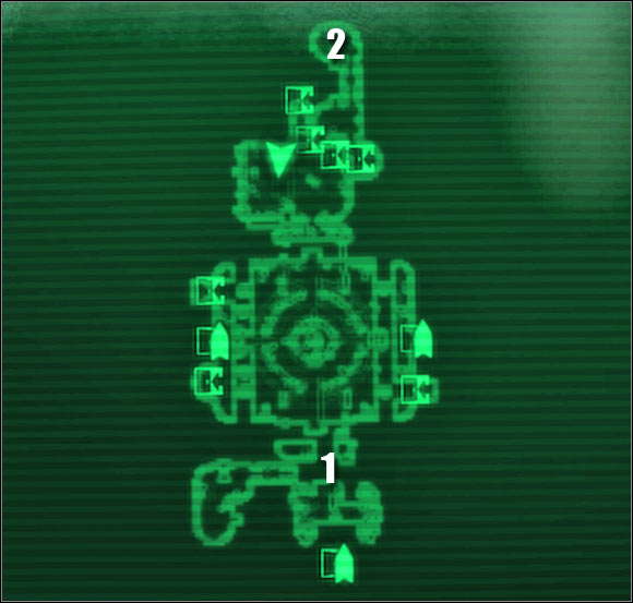 Map legend: 1 - capsules with frozen people and control panels with recordings - Main quests - QUEST 2: Among The Stars: Introduction - Main quests - Fallout 3: Mothership Zeta - Game Guide and Walkthrough