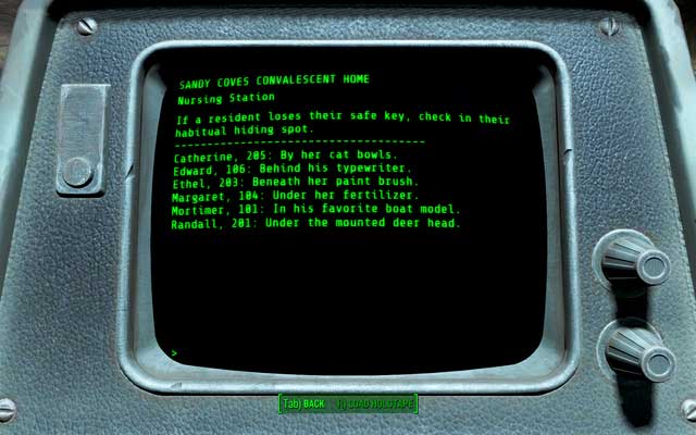 The original list of all keys from the terminal - Fallout 4: Sandy Coves Convalescent House - Salem - Sector 3 - Fallout 4 Game Guide & Walkthrough