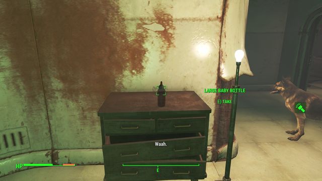 Take the Large Baby Bottle from the table in the second room, walk towards the bed, aim at the teddy bear and press R key in order to open the transfer window - Fallout 4: General Atomics Factory - The Castle - Sector 7 - Fallout 4 Game Guide & Walkthrough