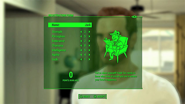 Name your character and distribute all the points between the main statistics - Fallout 4: Prologue - Main story - Fallout 4 Game Guide & Walkthrough