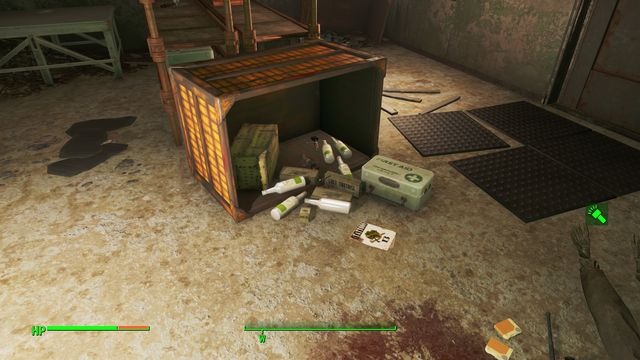 After you go down to the room below, around the flipped container, you find lots of cigarettes and alcohol - Fallout 4: Boston Police Rationing Site - Center of Boston - Sector 6 - Fallout 4 Game Guide & Walkthrough