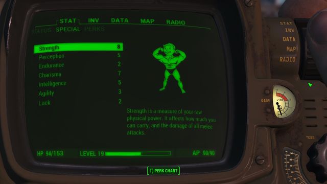 You can check your characters statistics in your Pip-Boy. This is also where you will distribute the points which you will receive after gaining new level. - Fallout 4: S.P.E.C.I.A.L. - Basics - Fallout 4 Game Guide & Walkthrough