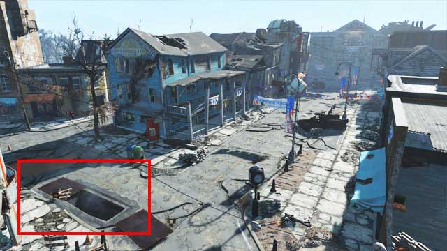 On the picture you can see the location of the entrance to the sewers - Fallout 4: Where to find core fusions at the beginning of the game? - Power Armor - Fallout 4 Game Guide & Walkthrough