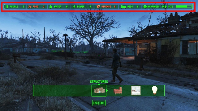 Lets focus on the indicators shown in the upper part of the screen (picture above) - Fallout 4: Settlement management - Creating settlements - Fallout 4 Game Guide & Walkthrough