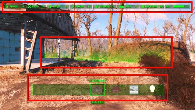 The pointers shown in the upper part of the screen show the basic statistics of the settlement which depend on how far developed the location is - Fallout 4: Basics of crafting - Creating settlements - Fallout 4 Game Guide & Walkthrough