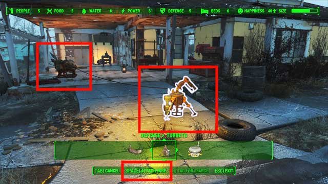 The power line was lead from the generator that can be seen on the left to the guard outpost. The white contour signalize that the cable can be connected. - Fallout 4: Basics of crafting - Creating settlements - Fallout 4 Game Guide & Walkthrough