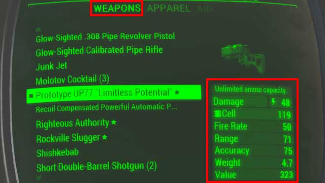 In order to obtain more detailed information during the game, such as number and type of modifications installed, after moving the crosshair on the weapon you must press [X] on the keyboard or press the right analog stick - Fallout 4: Weapons and Upgrades guide - Weapons and Upgrades - Fallout 4 Game Guide & Walkthrough