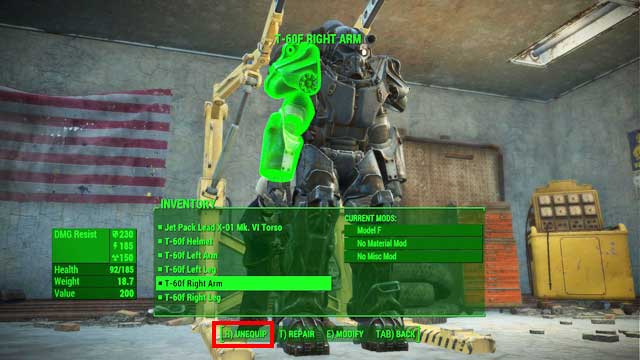 You will start modifying a part after pressing the action button - Fallout 4: Power Armor Crafting - Power Armor - Fallout 4 Game Guide & Walkthrough