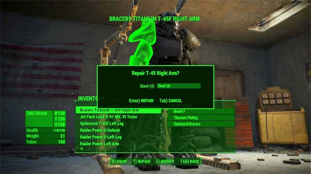 Resources are needed for performing repairs - Fallout 4: Power Armor Crafting - Power Armor - Fallout 4 Game Guide & Walkthrough