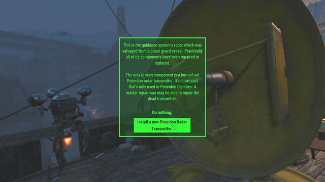 You can repair the antenna without any parts, as long as your Intelligence level is 9 or above - Fallout 4: Last Voyage of the USS Constitution (USS Constitution) - Side quests in other locations - Fallout 4 Game Guide & Walkthrough