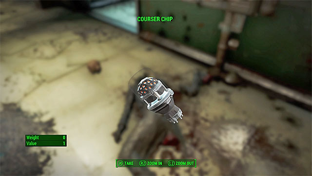 You will find the chip at the body of Z2-47 - Fallout 4: Hunter Hunted - Main story - Fallout 4 Game Guide & Walkthrough
