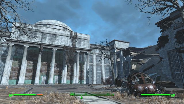 The huge collegiate building where, at the moment at which you walk in here, super mutants are fighting synths - Fallout 4: C.I.T. Ruins - Cambridge - Sector 5 - Fallout 4 Game Guide & Walkthrough