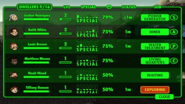By browsing the list of dwellers you can quickly check which task will be most appropriate for which person. - First steps - Fallout Shelter - Game Guide and Walkthrough