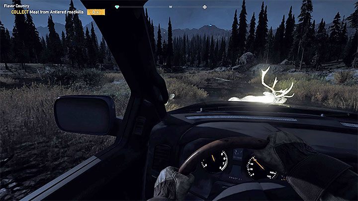This is an unusual task, because you need to obtain meat by crushing animals by car - Side quests in Whitetail Mountains - Whitetail Mountains - Far Cry 5 Game Guide