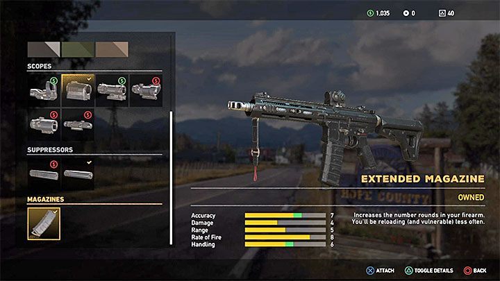 Press the weapon modification button (X on PS4 and A on Xbox One) and the game will open the upgrade window - How do I install weapons upgrades in Far Cry 5? - FAQ - Far Cry 5 Game Guide
