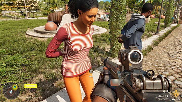 It's best to start freeing the rebels only after you've at least partially secured the area - walk up to the refugees and hold down the interaction button to free them one by one - Far Cry 6: Precious Cargo - walkthrough - Valle De Oro - Far Cry 6 Guide