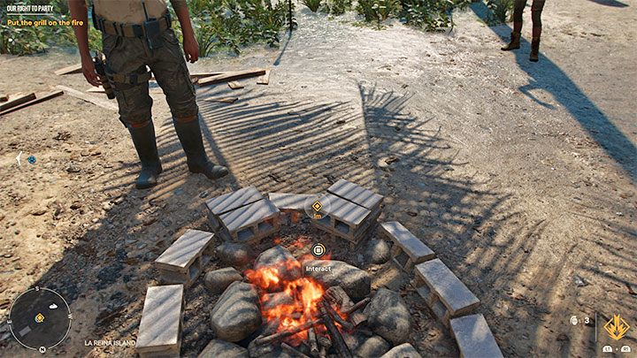 Once you acquire the grill, head to the campfire and hold down the interaction button to put the food you've obtained on the grill - Far Cry 6: Our Right to Party - walkthrough - El Este - Far Cry 6 Guide