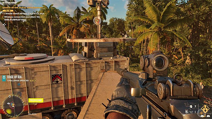 The jammer represented by number 10 on the map requires you to jump to it from a neighboring container (we've shown where to jump from on the picture) - Far Cry 6: Were Unjammin - walkthrough - El Este - Far Cry 6 Guide
