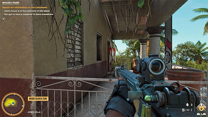 We suggest sneaking to the back of the villa (you can walk around it from, for example, the east side) and finding a scaffolding, which will let you easily get to the balcony and the building's upper floor - Far Cry 6: Napoleon El Pequeno - walkthrough - Operations - Madrugada - Far Cry 6 Guide