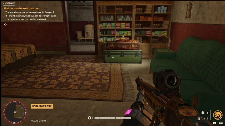 Eventually you'll reach an office, look underneath the desk and press yet another button - Far Cry 6: Cache Money - Treasure Hunts (Madrugada) - Madrugada - Far Cry 6 Guide