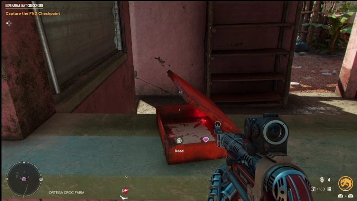 To start the treasure hunt you must read the note found in a box, right next to the pink building - Far Cry 6: Crocodile Tears - Treasure Hunts (Madrugada) - Madrugada - Far Cry 6 Guide