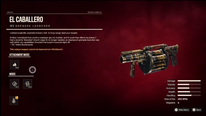 Special Features: El Caballero is a launcher initially modified with - Far Cry 6: Launchers, Unique weapons - list - Unique weapons - Far Cry 6 Guide