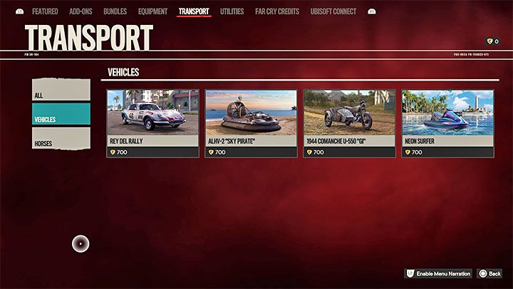 5) Transportation - This tab includes new modes of transport that can be used to travel around the game world - Far Cry 6: Microtransactions - Basics - Far Cry 6 Guide