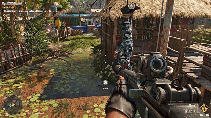 Locate Talia, who is hanging upside down in the camp and hold down the interaction button to free her and trigger a cut-scene during which you'll meet the other rebels from the camp - Far Cry 6: Meet Maximas Matanzas - walkthrough - Operations - Valle De Oro - Far Cry 6 Guide