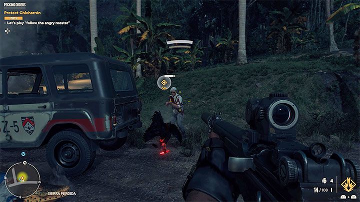 You will be given a similar task of protecting Chicharron, whose health bar will be displayed in the upper left corner of the screen - it cannot drop to 0%, because the rooster will then die and you'll fail the mission - Far Cry 6: Pecking Orders - walkthrough description - El Este - Far Cry 6 Guide