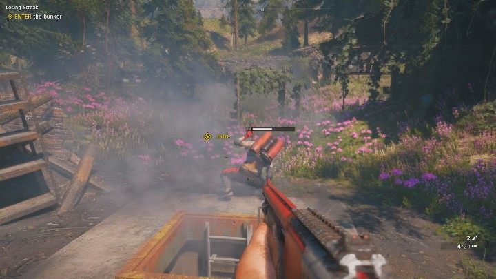 More enemies await you outside the bunker - a few of them are carrying a shield; one enemy uses a flamethrower - Losing Streak | Far Cry New Dawn Walkthrough - Story Missions - Far Cry New Dawn Guide