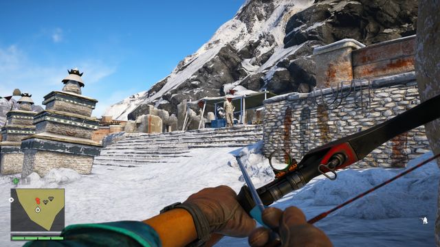 Avoid the talking soldiers by using the hanging ropes on the right side. - Kill or Be Killed - Main Quests - Far Cry 4 - Game Guide and Walkthrough