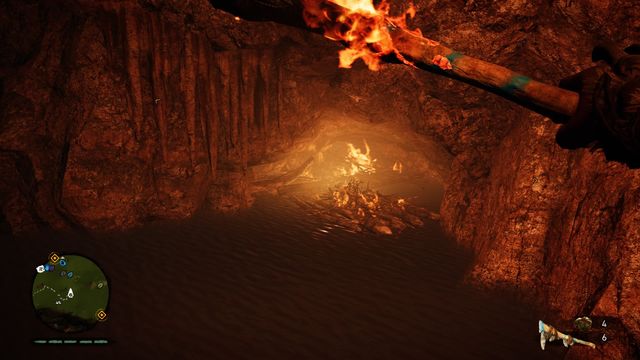 After you get down (the claw point is behind the rock obstacle, on the right side of the entrance), set the wooden structure on fire and swim beneath it - Cave paintings - Southern Oros - Far Cry Primal - Game Guide and Walkthrough