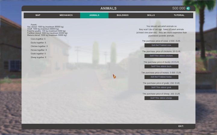 The next screen is devoted to animals - there we will find a list of all animals in our possession and food for them, as well as the option to sell the oldest individuals - Settings - The basics - Farm Expert 2017 Game Guide