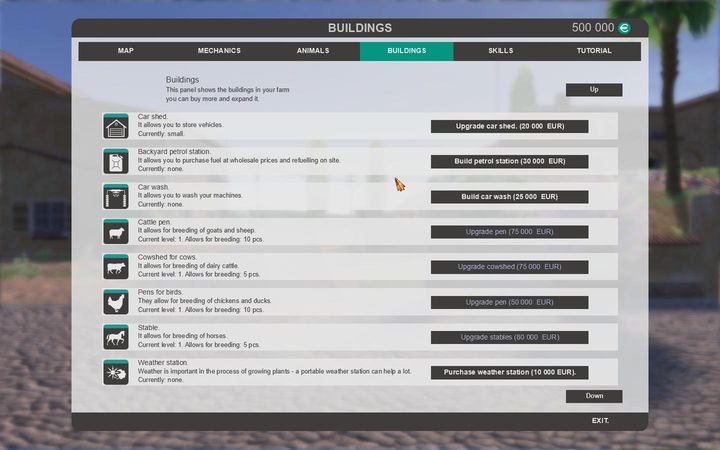 The next tab is the buildings panel - here you can construct new or improve existing buildings - Settings - The basics - Farm Expert 2017 Game Guide