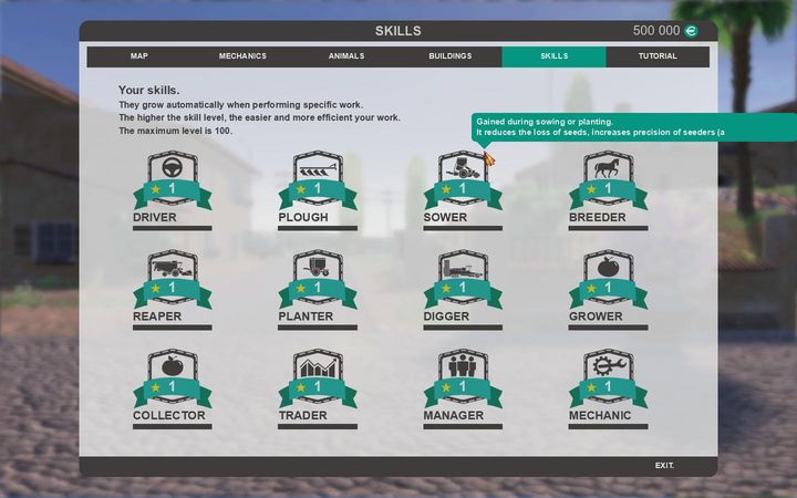 In the next screen we will find a list of skills that we can develop over the course of the game - Settings - The basics - Farm Expert 2017 Game Guide