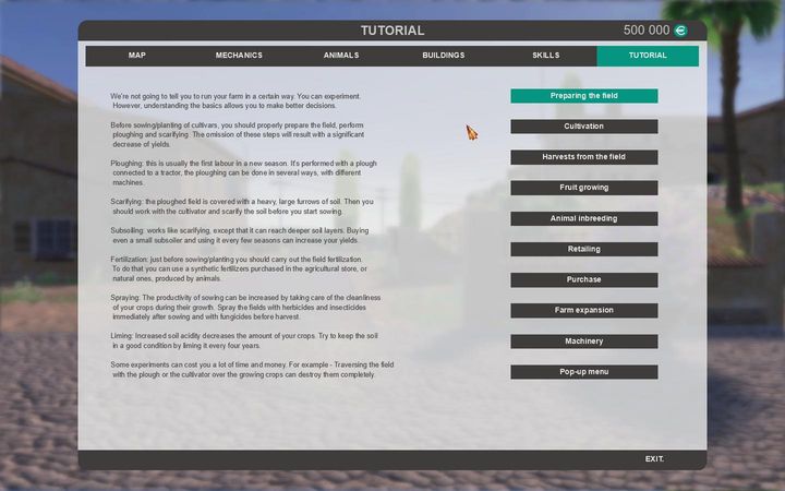 The last panel is the tutorial - there well find some basic tips relating to individual elements of the game - Settings - The basics - Farm Expert 2017 Game Guide