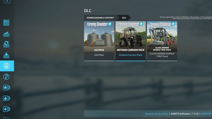 The fourth menu item allows you to search DLCs (both free and paid) offered by GIANTS Software - Farming Simulator 22: DLCs - Farming Simulator 22: Basics - Farming Simulator 22 Guide