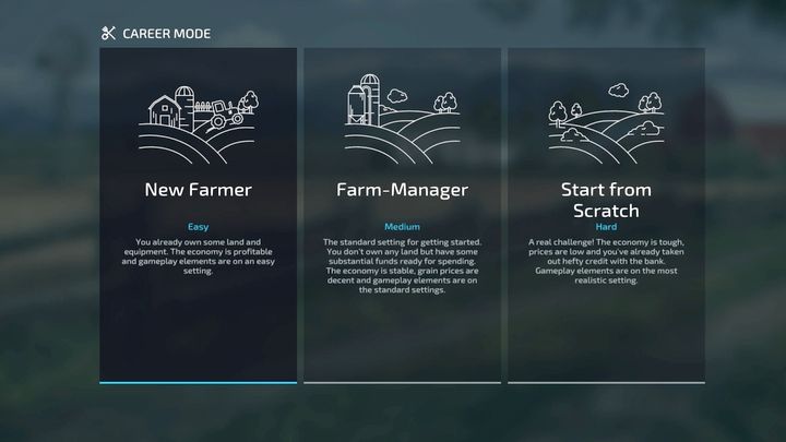 Farming Simulator 22 has 3 difficulty levels: New Farmer (easy), Farm Manager (medium) and Start from Scratch (hard) - Farming simulator 22: Difficulty level - comparison, which one to choose? - Farming Simulator 22: Basics - Farming Simulator 22 Guide