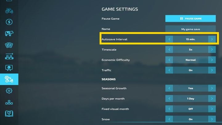 The interval between auto-saves can be changed in the game options - Farming Simulator 22: Quitting the game and saving - Farming Simulator 22: Basics - Farming Simulator 22 Guide