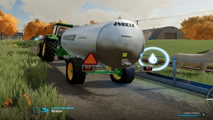 To replenish the water at the pasture, drive towards the place marked with a water droplet (the tanker, not the tractor, must be the one staying on the marker) - Farming simulator 22: Water - how to obtain? - Farming Simulator 22: Livestock farms - Farming Simulator 22 Guide