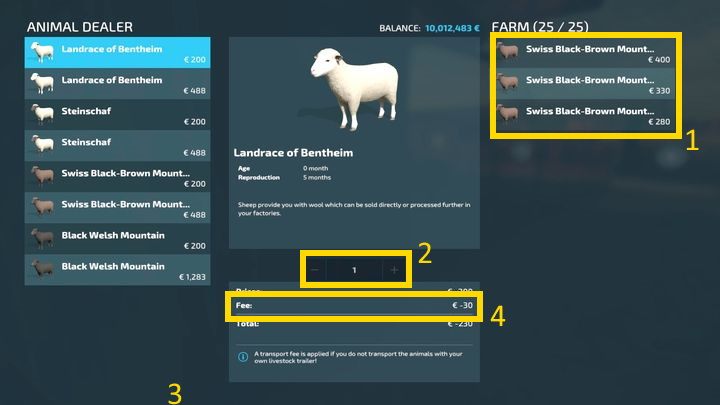 If you transport the animals yourself to an animal dealer, you will not have to pay this fee (this does not apply to chickens that can only be sold "remotely") - Farming Simulator 22: Animals - how to sell? - Farming Simulator 22: Livestock farms - Farming Simulator 22 Guide
