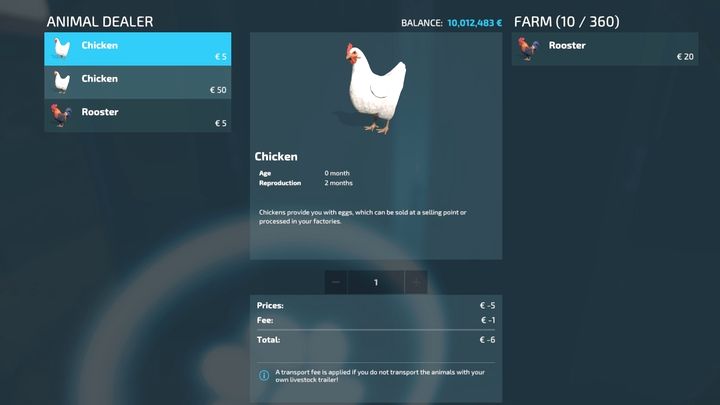 You can shop for young chickens, older chickens and roosters - Farming Simulator 22: Chickens - breeding, tips - Farming Simulator 22: Breeding - Farming Simulator 22 Guide