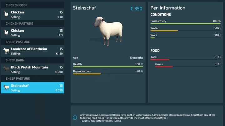 You can view the condition of your animals in the animal management window - Farming Simulator 22: Sheep - breeding, tips - Farming Simulator 22: Breeding - Farming Simulator 22 Guide