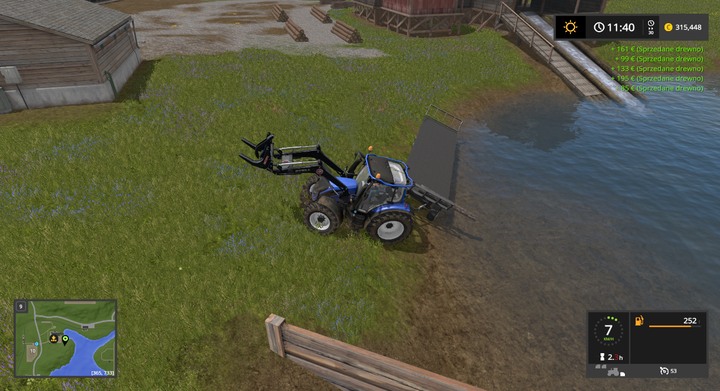 Throwing the cargo into the water is the easiest method - Bales and Logs - Forestry basics - Farming Simulator 17 Game Guide