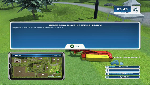 Mission complete screen with information on the basic reward and earned time bonus. - Missions | Further steps - Further steps - Farming Simulator 2013 Game Guide